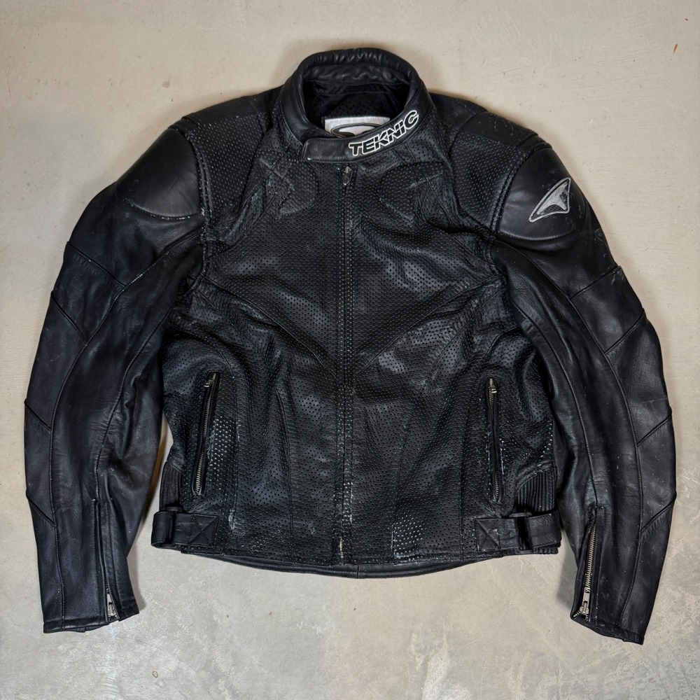 Teknic Mens Black Perforated Leather Motorcycle Racing Jacket Armor Size 48/58